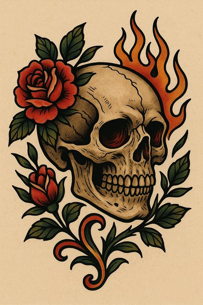 Stylized Skull and Roses Tattoo Art Design