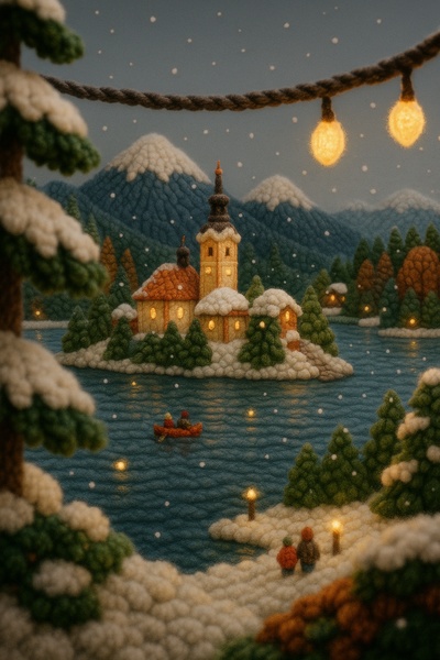 Enchanting Scene of Lake Bled in 3D Yarn Art