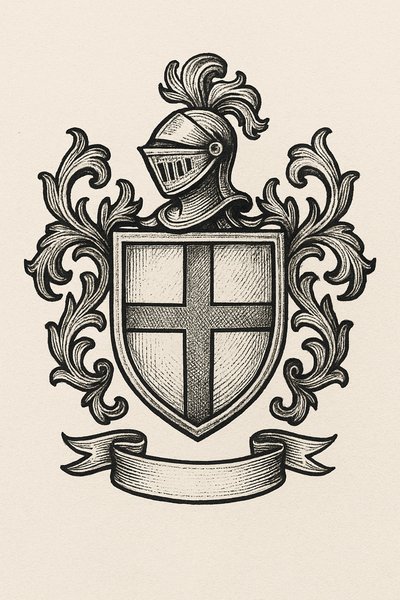 Vintage Heraldic Crest with Knight's Helmet and Flourishes