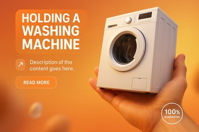 Promotional Graphic Featuring a Washing Machine in Hand