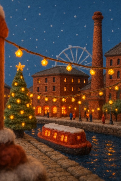 Whimsical Woolen Scene at Albert Dock in Winter