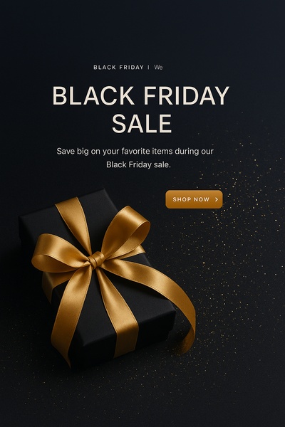 Elegant Black Friday Sale Banner with Gift Box and Gold Ribbon