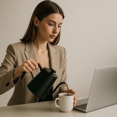 Stylish Woman Pouring Coffee While Using Laptop