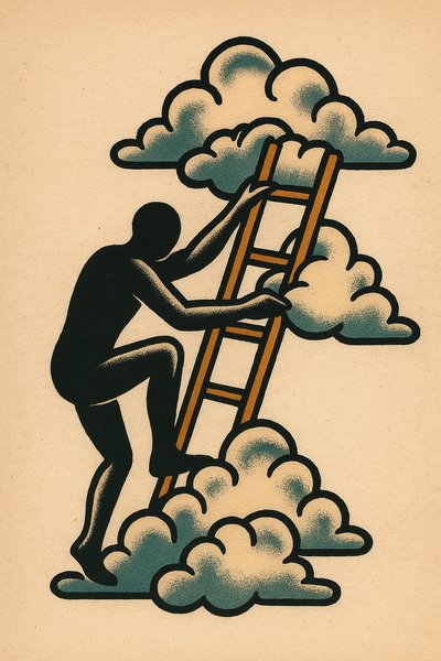 Silhouette Climbing a Cloud Ladder Tattoo Design