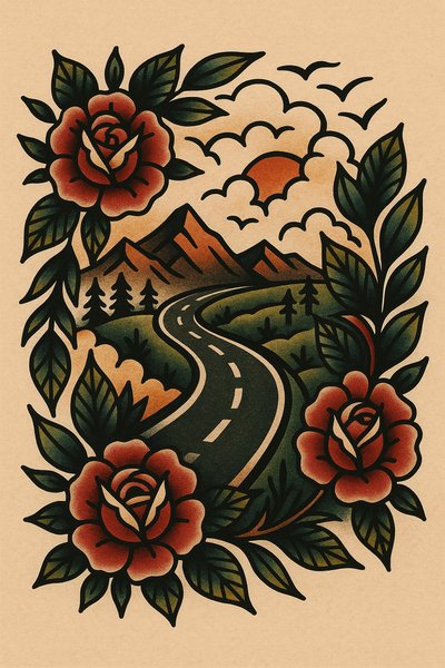 Stylized Road Landscape with Roses Illustration