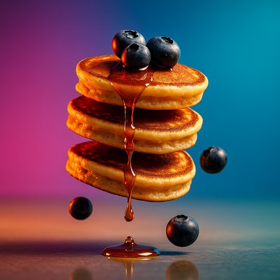 Dynamic Flight of Pancakes with Blueberries and Syrup