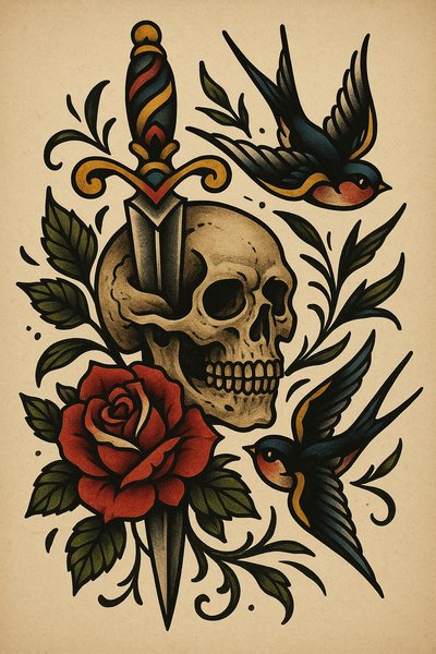 Colorful vintage tattoo design featuring skull, dagger, and roses
