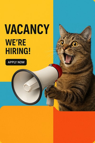 Crazy Cat with Megaphone Promoting Job Vacancy