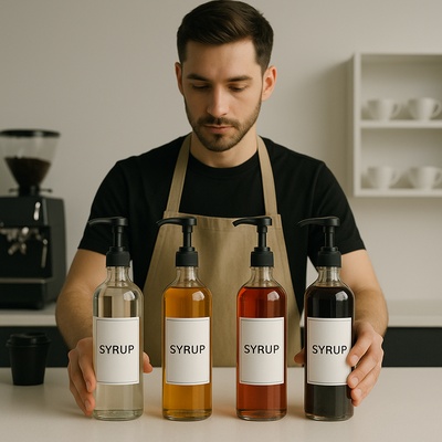 Barista Arranging Syrups in a Modern Minimalist Style