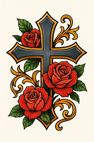 Colorful Tattoo Design Featuring Cross and Roses