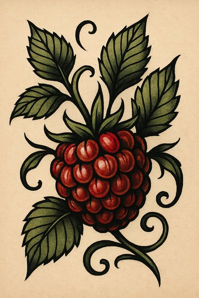 Detailed vintage-style illustration of a raspberry with leaves