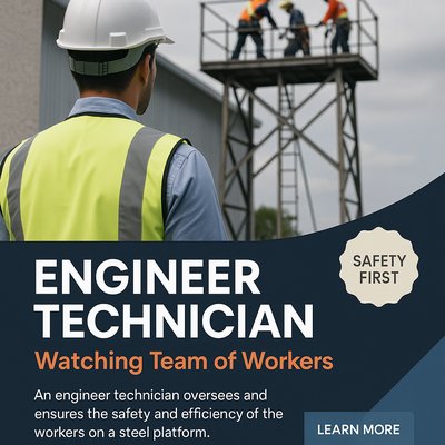 Engineer Technician Overseeing Workers on Steel Platform - Safety Focus