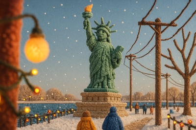 Whimsical Winter Scene of the Statue of Liberty in Yarn Art