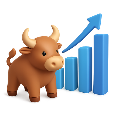 3D Bull Icon with Rising Bar Chart Visualization