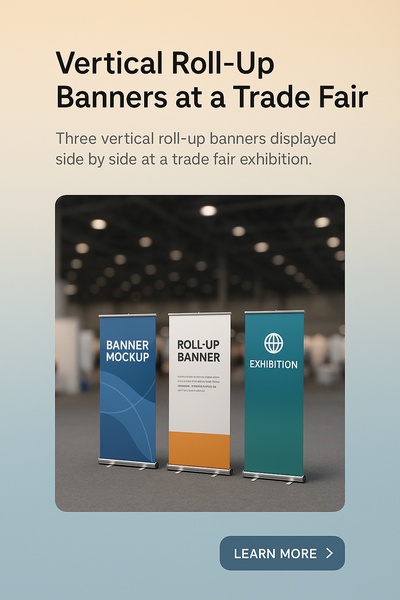 Three Realistic Vertical Roll-Up Banners at a Trade Fair
