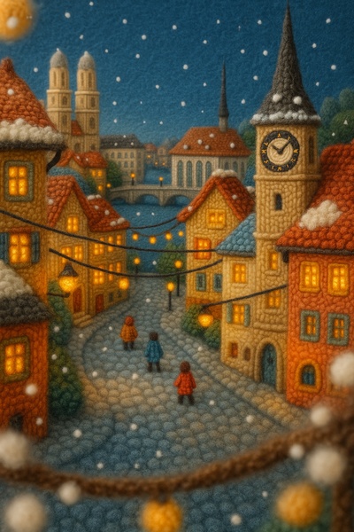 Charming Winter Village Scene Crafted from Yarn
