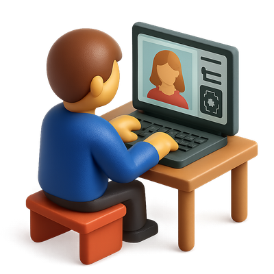 3D Icon of a Photo Retoucher Working at a Computer