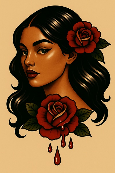 Stylized Tattoo Art of a Woman with Blood-Dripping Roses