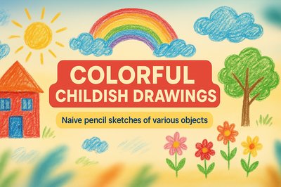 Playful Illustration of Childish Drawings Featuring Colorful Sketches