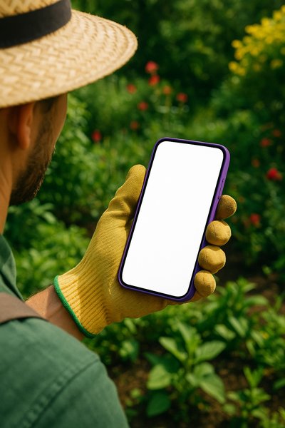 Gardener Holding a Purple Phone in the Garden