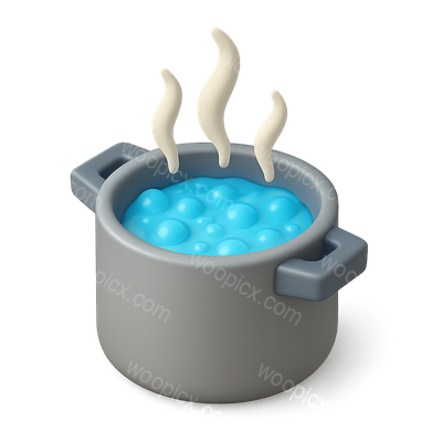 Stylized 3D Boiling Pot Icon with Steam Effects