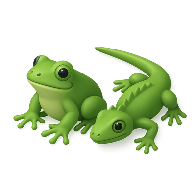 Cute Cartoon Frogs and Lizard on Green Background