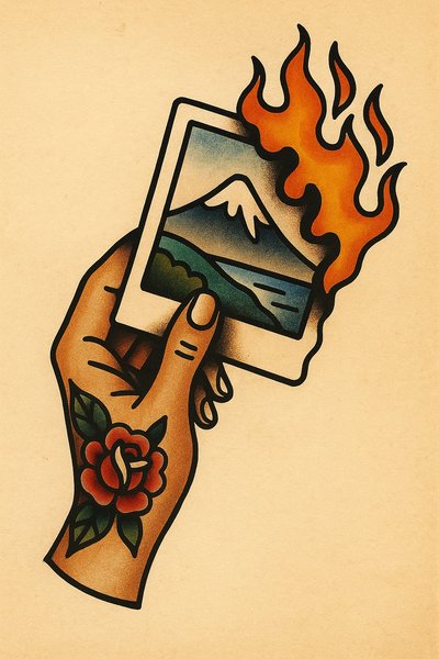 Hand Holding a Burning Photograph with Tattoo Art