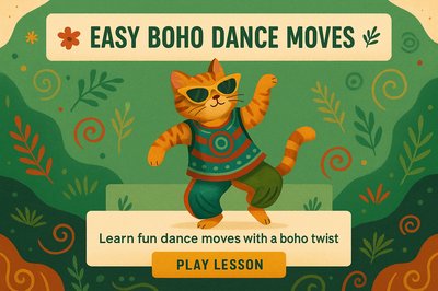 Colorful Cat Dancing in Boho Style on Green Background