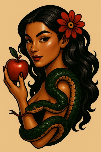 Stylized Woman with Snake and Apple in Tattoo Art Style