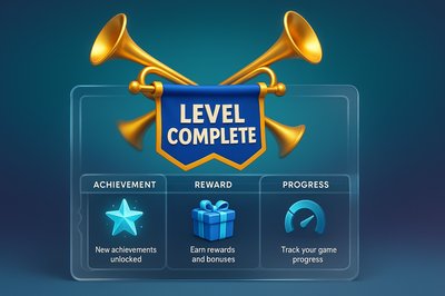 3D Illustration of Level Complete with Trumpets and Rewards