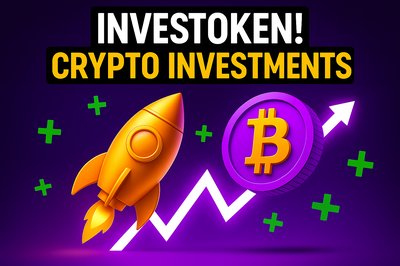 Vibrant Crypto Investment Graphic with Rocket and Bitcoin Symbol