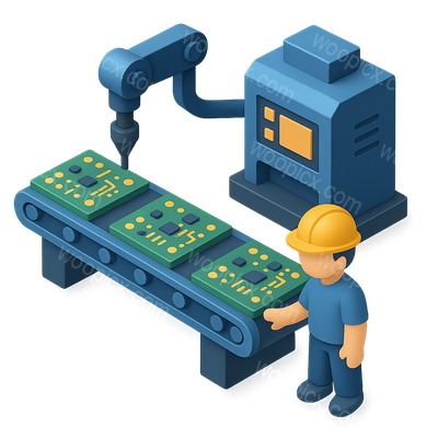 3D Icon of a Factory Assembly Line with Worker and Robotic Arm
