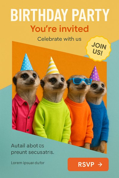 Vibrant Meerkats in Fashionable Outfits for Birthday Party Invite