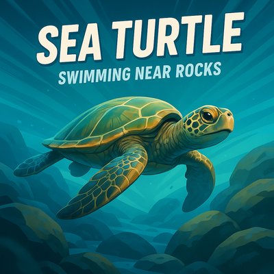 Digital illustration of a sea turtle swimming near rocks