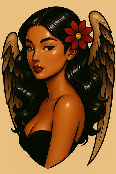 Stylized Angelic Woman with Wings and Flower