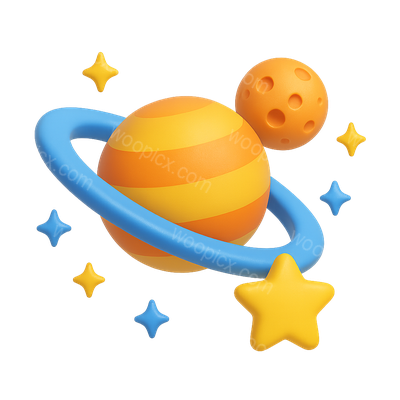 Colorful 3D Planet Icon with Stars and Rings