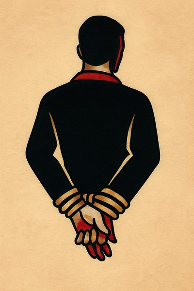 Tattooed Silhouette with Bound Hands on Beige Background