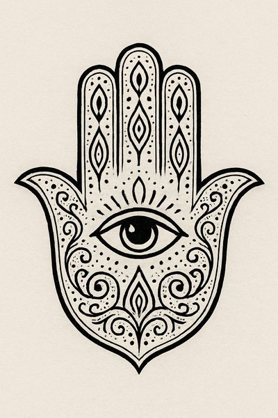 Artistic illustration of a Hamsa hand with an eye