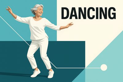 Joyful Mature Woman Dancing at the Beach in a Clean Graphic Style