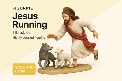 Jesus Running Figurine with Wolf and Lamb - Modern Product Design