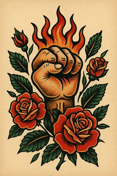 Bold Fist with Roses and Flames Tattoo Art