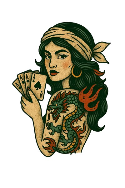 Illustrative Tattoo Art Featuring a Woman with Playing Cards