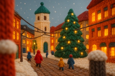 Knitted City in Snow: A Cozy Holiday Scene
