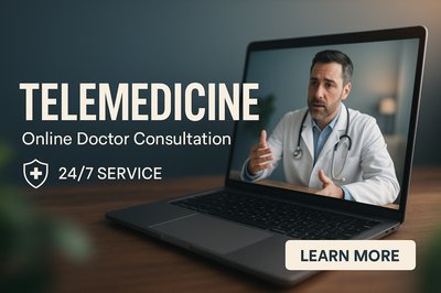 Telemedicine Promotional Graphic Featuring Online Consultation