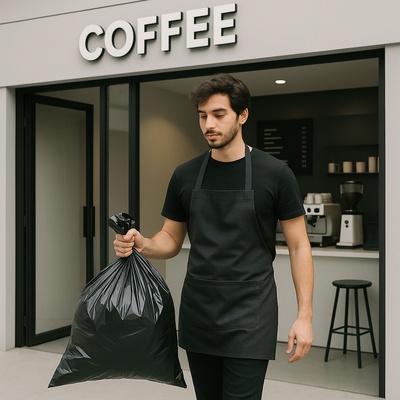 Barista Taking Out Trash at a Modern Coffee Shop