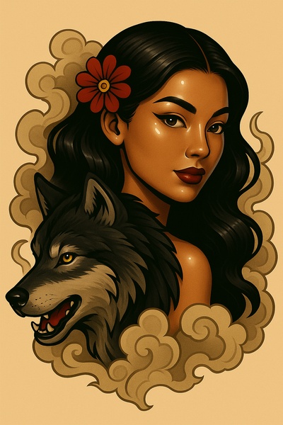 Elegant Tattoo Style Art of a Woman with a Wolf