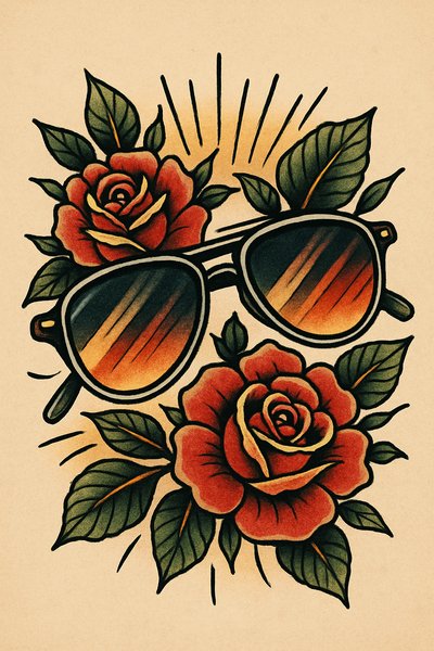 Vintage Tattoo Style Artwork Featuring Sunglasses and Roses