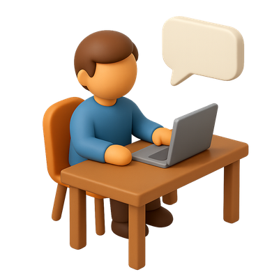 3D Icon of a Person at a Desk with a Speech Bubble