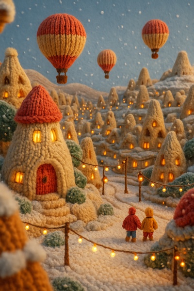 Charming New Year Cappadocia Scene in 3D Yarn Art
