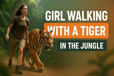Adventure Scene Featuring a Girl Walking with a Tiger in a Jungle